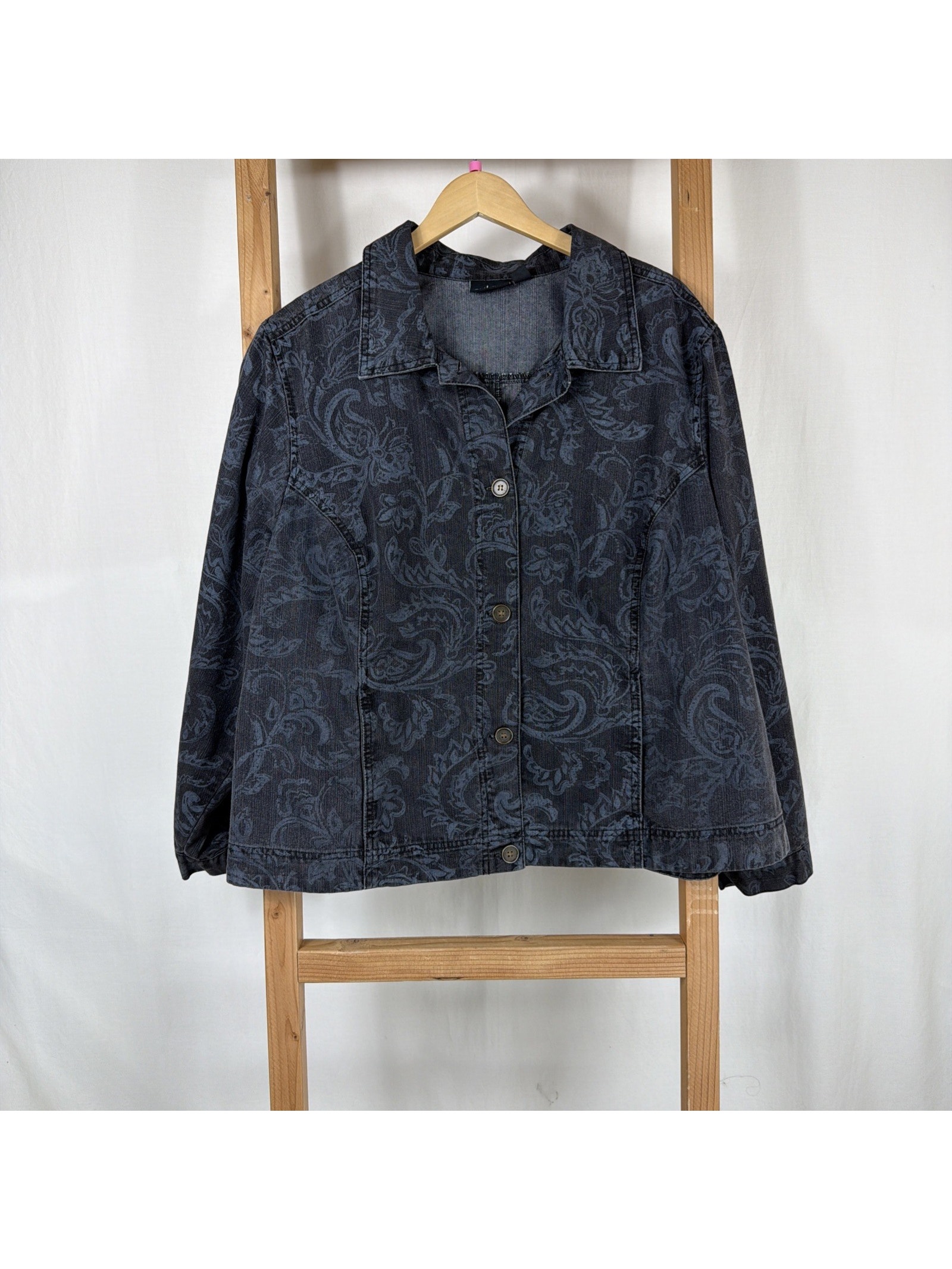 Vintage Y2k Erika Woman Black Burnout Print Denim Jacket #1251 Size 3x